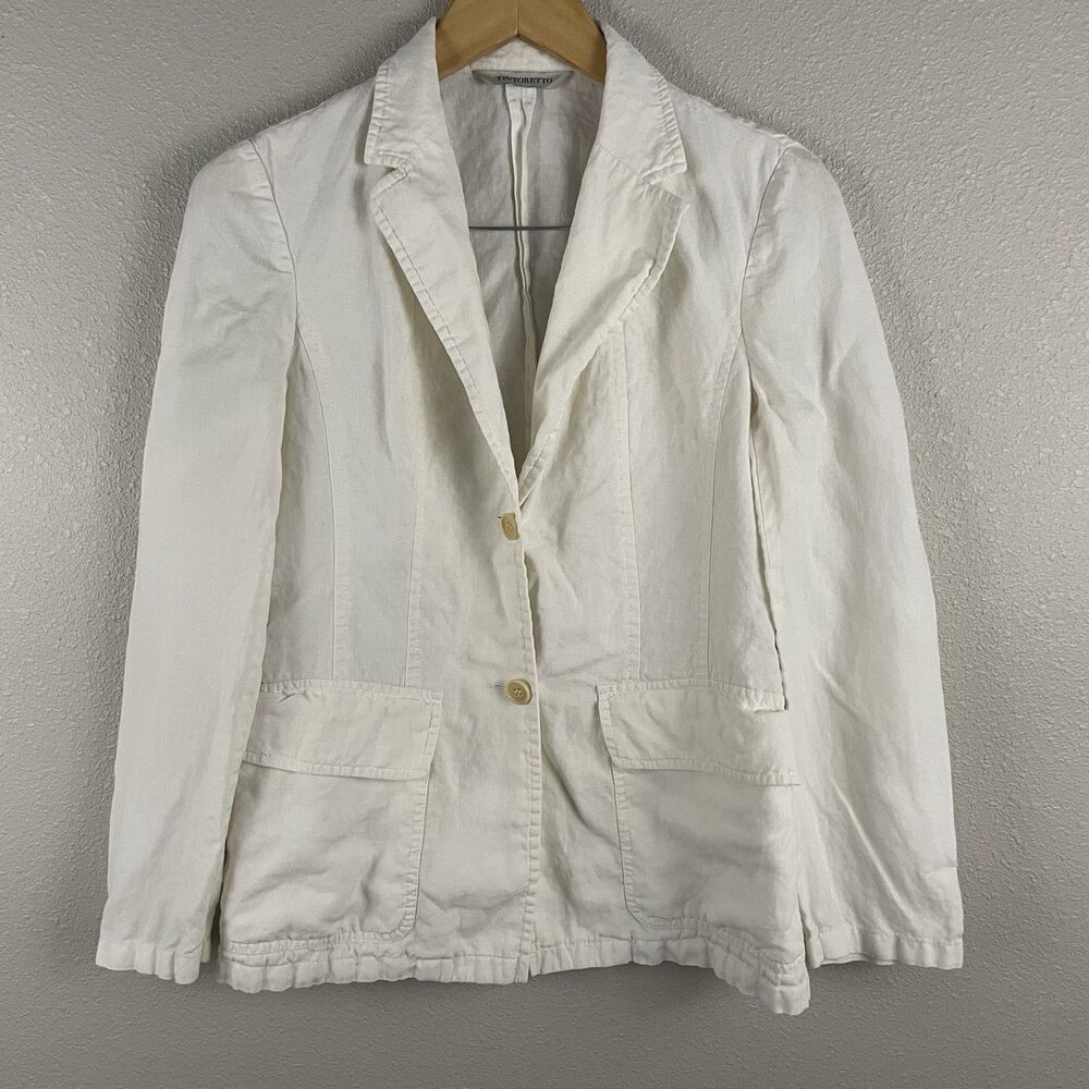 Tintoretto Womens 36 White 100% Linen Flap Pocket Unstructured Blazer Beachy